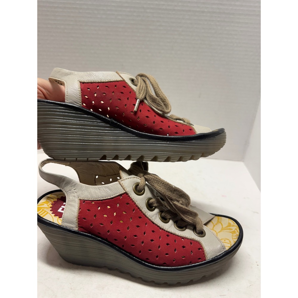 Fly London Yala Red White Leather Lace Up Wedge Sandals P501026008 Size 37 6.5 - Picture 5 of 10